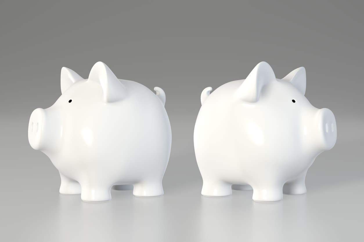 two piggy banks looking in opposite directions